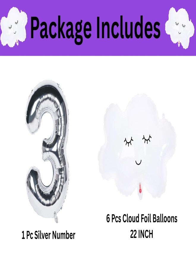 FI - FLICK IN 7 Pc Cloud Birthday Theme Number 3 Silver Foil Balloon 3rd Birthday Decoration Items Balloons for Decoration Set (Pack of 7) - Image 2